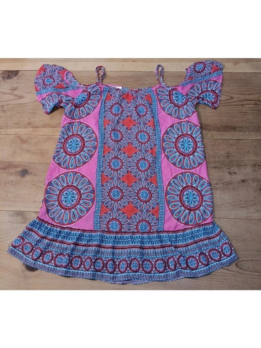 Green Dragon Cold Shoulder Dress Womens S Pink Boho Floral Bell Sleeve Ruffle